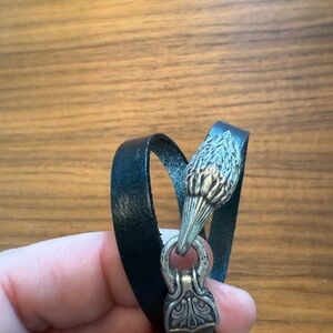 John Varvatos black leather double wrap bracelet with silver raven closure